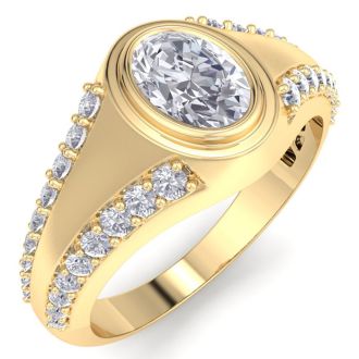 1 1/2 Carat Oval Shape Lab Grown Diamond Mens Engagement Ring In 14K Yellow Gold