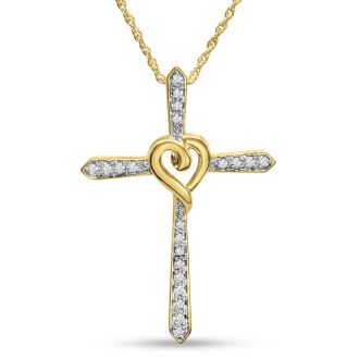 1/4 Carat Diamond Cross Necklace In Yellow Gold Overlay, 18 Inches