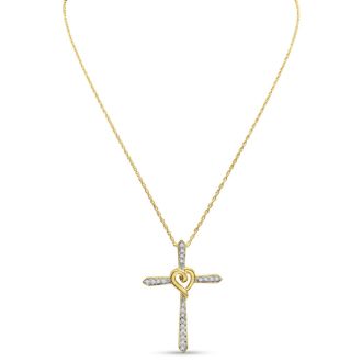 1/4 Carat Diamond Cross Necklace In Yellow Gold Overlay, 18 Inches