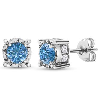 1 Carat Blue Diamond Miracle Stud Earrings In 14 Karat White Gold. Brand New And Super-Hot!