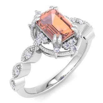 1 Carat Morganite and Halo Diamond Ring In 14K White Gold