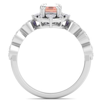 1 Carat Morganite and Halo Diamond Ring In 14K White Gold