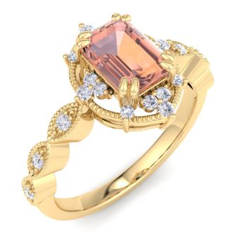 1 Carat Morganite and Halo Diamond Ring In 14K Yellow Gold