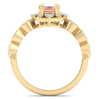 1 Carat Morganite and Halo Diamond Ring In 14K Yellow Gold