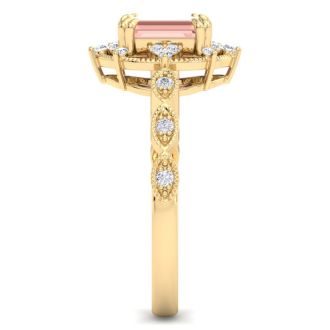 1 Carat Morganite and Halo Diamond Ring In 14K Yellow Gold