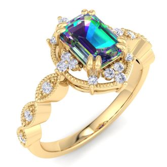 1 Carat Octagon Shape Mystic Topaz Ring With Diamond Halo In 14 Karat Yellow Gold