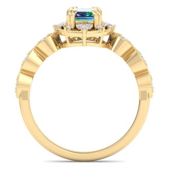 1 Carat Octagon Shape Mystic Topaz Ring With Diamond Halo In 14 Karat Yellow Gold