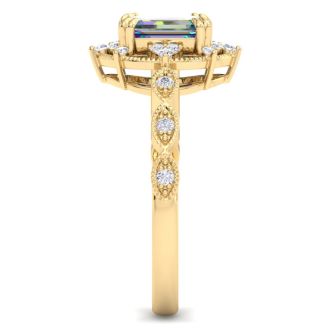 1 Carat Octagon Shape Mystic Topaz Ring With Diamond Halo In 14 Karat Yellow Gold