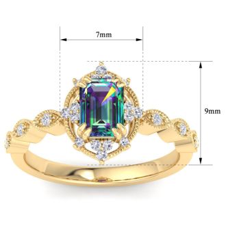 1 Carat Octagon Shape Mystic Topaz Ring With Diamond Halo In 14 Karat Yellow Gold