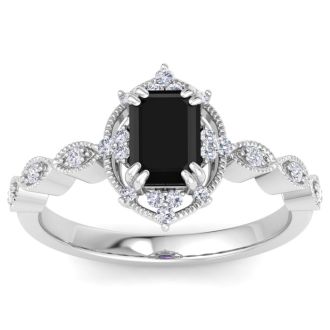 1 Carat Octagon Shape Black Moissanite Ring In 14K White Gold