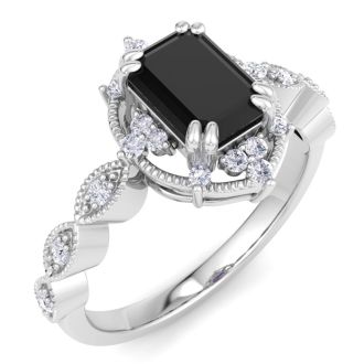 1 Carat Octagon Shape Black Moissanite Ring In 14K White Gold