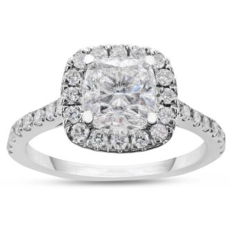 1 1/2 Carat Cushion Cut Lab Grown Diamond Halo Engagement Ring In 14K White Gold