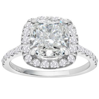 2 1/2 Carat Cushion Cut Lab Grown Diamond Halo Engagement Ring In 14K White Gold