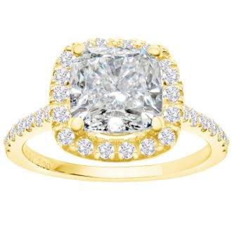 2 1/2 Carat Cushion Cut Lab Grown Diamond Halo Engagement Ring In 14K Yellow Gold