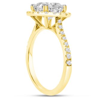 2 1/2 Carat Cushion Cut Lab Grown Diamond Halo Engagement Ring In 14K Yellow Gold