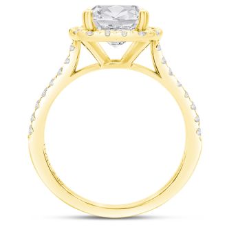 2 1/2 Carat Cushion Cut Lab Grown Diamond Halo Engagement Ring In 14K Yellow Gold