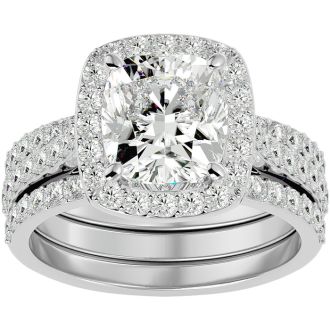 4 1/2 Carat Cushion Cut Halo Lab Grown Diamond Bridal Set In 14 Karat White Gold
