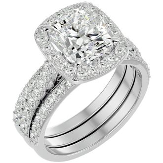 4 1/2 Carat Cushion Cut Halo Lab Grown Diamond Bridal Set In 14 Karat White Gold
