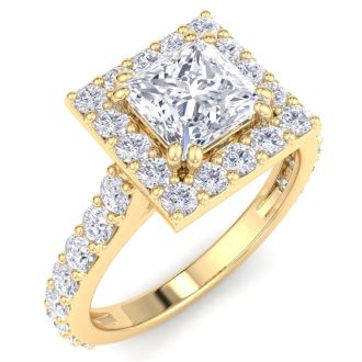 2 Carat Princess Cut Lab Grown Diamond Halo Engagement Ring In 14K Yellow Gold