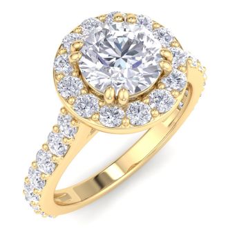 2 Carat Round Lab Grown Diamond Halo Engagement Ring In 14K Yellow Gold
