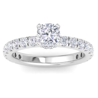 2 Carat Cushion Cut Lab Grown Diamond Hidden Halo Engagement Ring In 14K White Gold
