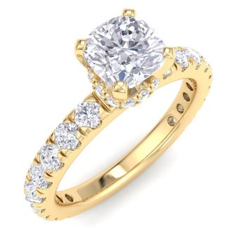 2 Carat Cushion Cut Lab Grown Diamond Hidden Halo Engagement Ring In 14K Yellow Gold