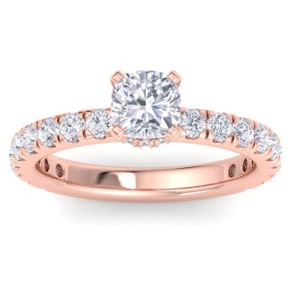 2 Carat Cushion Cut Lab Grown Diamond Hidden Halo Engagement Ring In 14K Rose Gold