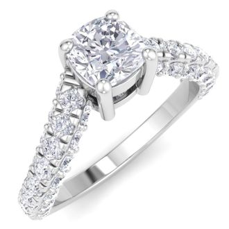 2 Carat Cushion Cut Lab Grown Diamond Curved Engagement Ring In 14K White Gold