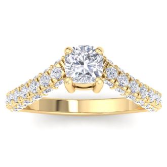 2 Carat Cushion Cut Lab Grown Diamond Curved Engagement Ring In 14K Yellow Gold