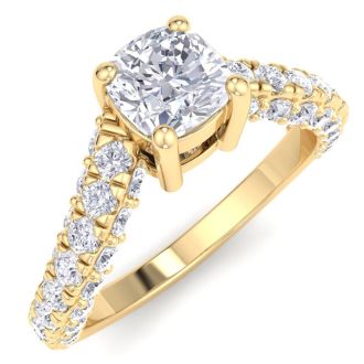 2 Carat Cushion Cut Lab Grown Diamond Curved Engagement Ring In 14K Yellow Gold