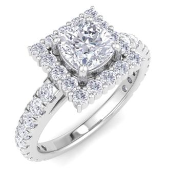 2 Carat Cushion Cut Lab Grown Diamond Square Halo Engagement Ring In 14K White Gold