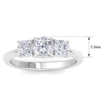 2 Carat Cushion Cut Lab Grown Diamond Three Stone Engagement Ring In 14K White Gold