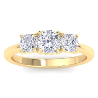 2 Carat Cushion Cut Lab Grown Diamond Three Stone Engagement Ring In 14K Yellow Gold