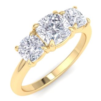 2 Carat Cushion Cut Lab Grown Diamond Three Stone Engagement Ring In 14K Yellow Gold