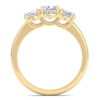 2 Carat Cushion Cut Lab Grown Diamond Three Stone Engagement Ring In 14K Yellow Gold
