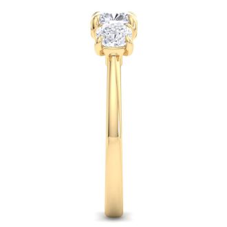 2 Carat Cushion Cut Lab Grown Diamond Three Stone Engagement Ring In 14K Yellow Gold