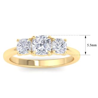 2 Carat Cushion Cut Lab Grown Diamond Three Stone Engagement Ring In 14K Yellow Gold