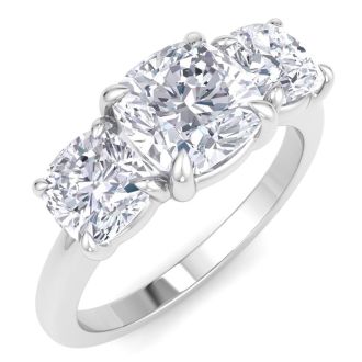 3 Carat Cushion Cut Lab Grown Diamond Three Stone Engagement Ring In 14K White Gold