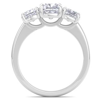 3 Carat Cushion Cut Lab Grown Diamond Three Stone Engagement Ring In 14K White Gold
