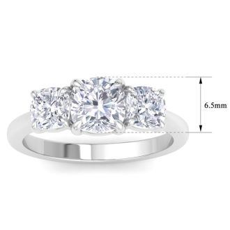 3 Carat Cushion Cut Lab Grown Diamond Three Stone Engagement Ring In 14K White Gold
