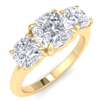 3 Carat Cushion Cut Lab Grown Diamond Three Stone Engagement Ring In 14K Yellow Gold