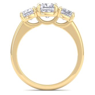3 Carat Cushion Cut Lab Grown Diamond Three Stone Engagement Ring In 14K Yellow Gold