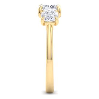 3 Carat Cushion Cut Lab Grown Diamond Three Stone Engagement Ring In 14K Yellow Gold