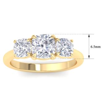 3 Carat Cushion Cut Lab Grown Diamond Three Stone Engagement Ring In 14K Yellow Gold