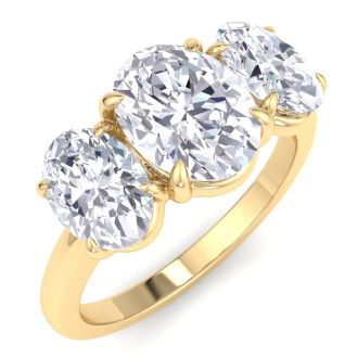 3 Carat Oval Shape Lab Grown Diamond Three Stone Engagement Ring In 14K Yellow Gold
