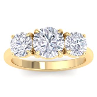 3 Carat Round Lab Grown Diamond Three Stone Engagement Ring In 14K Yellow Gold