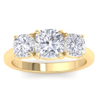 4 Carat Cushion Cut Lab Grown Diamond Three Stone Engagement Ring In 14K Yellow Gold