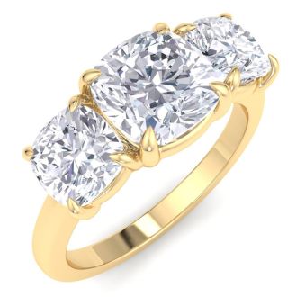 4 Carat Cushion Cut Lab Grown Diamond Three Stone Engagement Ring In 14K Yellow Gold