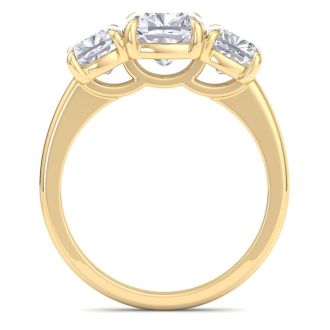 4 Carat Cushion Cut Lab Grown Diamond Three Stone Engagement Ring In 14K Yellow Gold