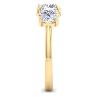 4 Carat Cushion Cut Lab Grown Diamond Three Stone Engagement Ring In 14K Yellow Gold